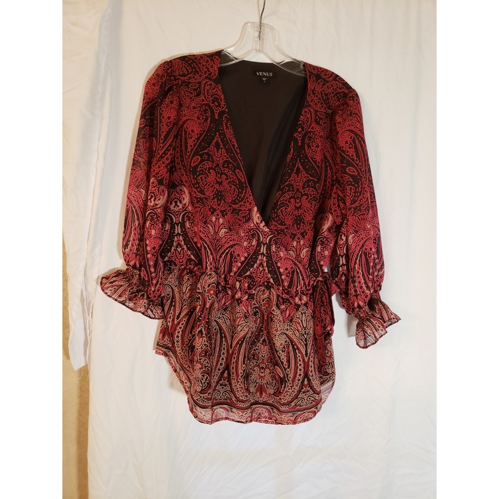 Women's Venus Burgundy Black Floral Long Sleeve Blouse Size L